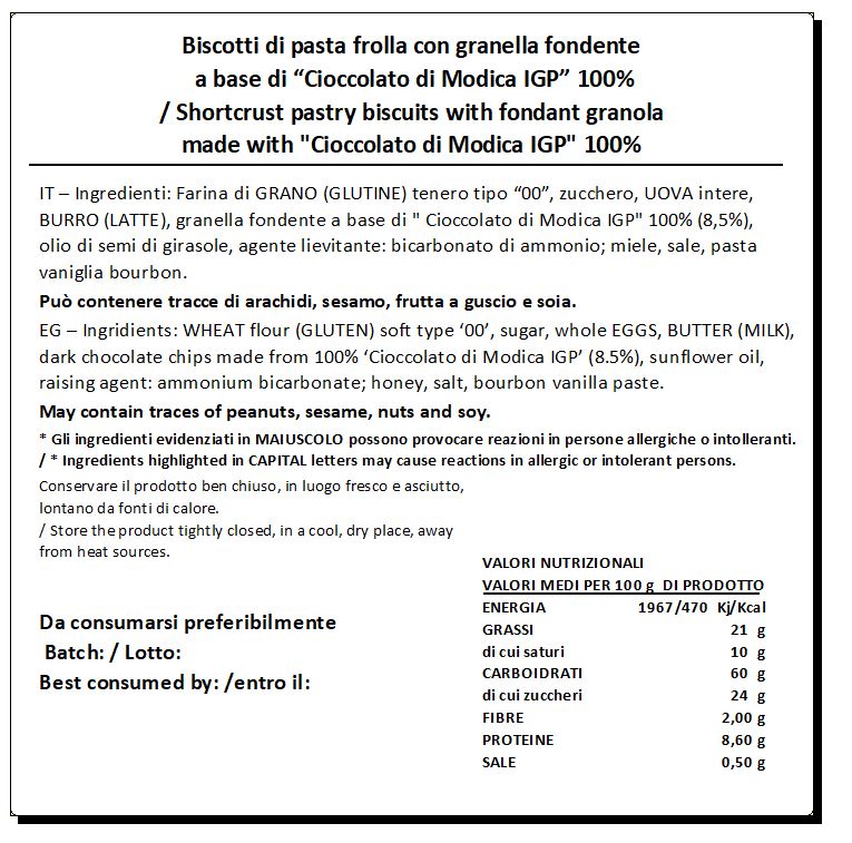 Biscotti con granella fondente di "Cioccolato di Modica IGP"