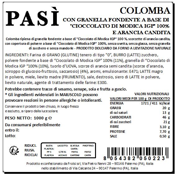 Colomba con granella fondete al "Cioccolato di Modica IGP" e Arancia
