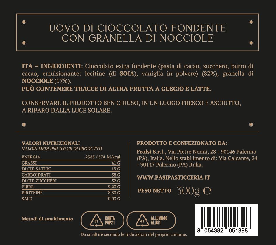 Uovo di Cioccolato Fondente con Granella di Nocciole